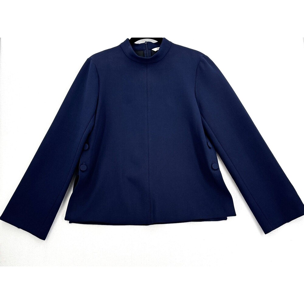 Zara Women M Navy Mock Neck Top Side Buttons Flared Sleeve Quiet Luxury Modern